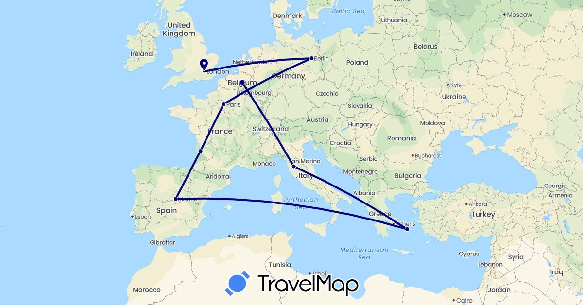 TravelMap itinerary: driving in Belgium, Germany, Spain, France, United Kingdom, Greece, Italy (Europe)